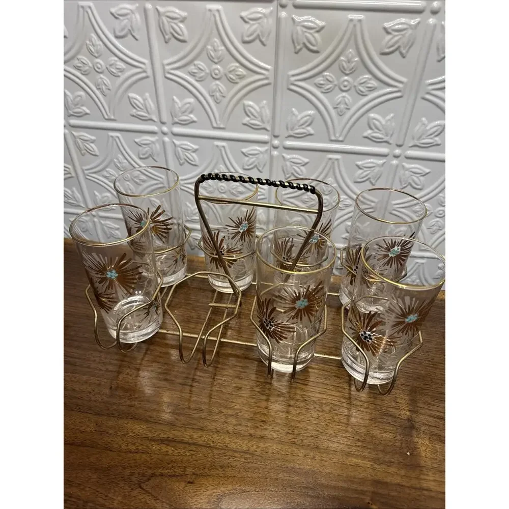 VTG Libbey MCM Party time Atomic Firework Glasses Set Of 7 & Rack Holder